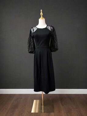 NWT VFSHOW Black Midi Cocktail Dress XS Sheer Sparkle Bishop Sleeves
